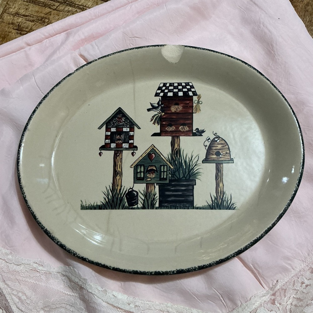 Vintage Home & Garden‎ Party Birdhouse Oval Stoneware Platter